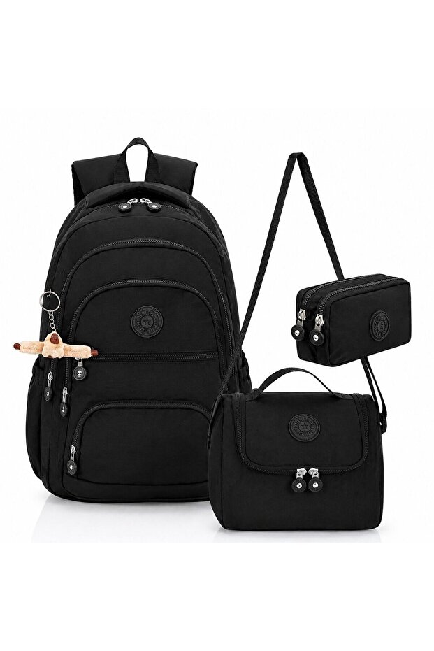 Crinkle Fabric School Backpack Set of 3 with Thermal Lunch Bag and Pen Holder, Black, with Monkey Keychain Gift