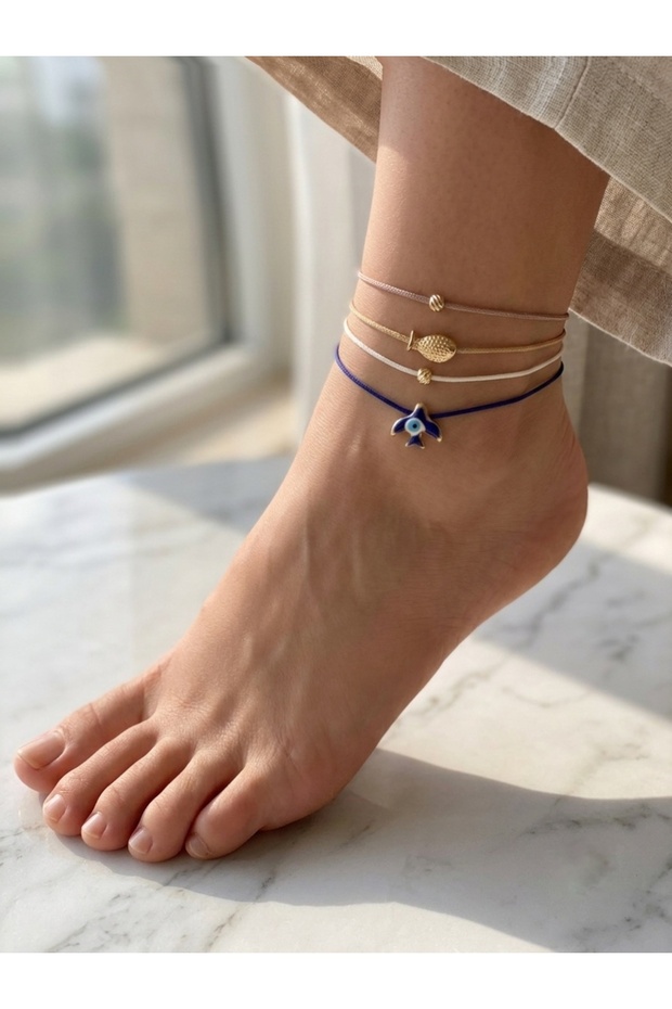 4-Piece Gold Fish Evil Eye Phoenix and Dorica Bead Detailed Adjustable Anklet Set