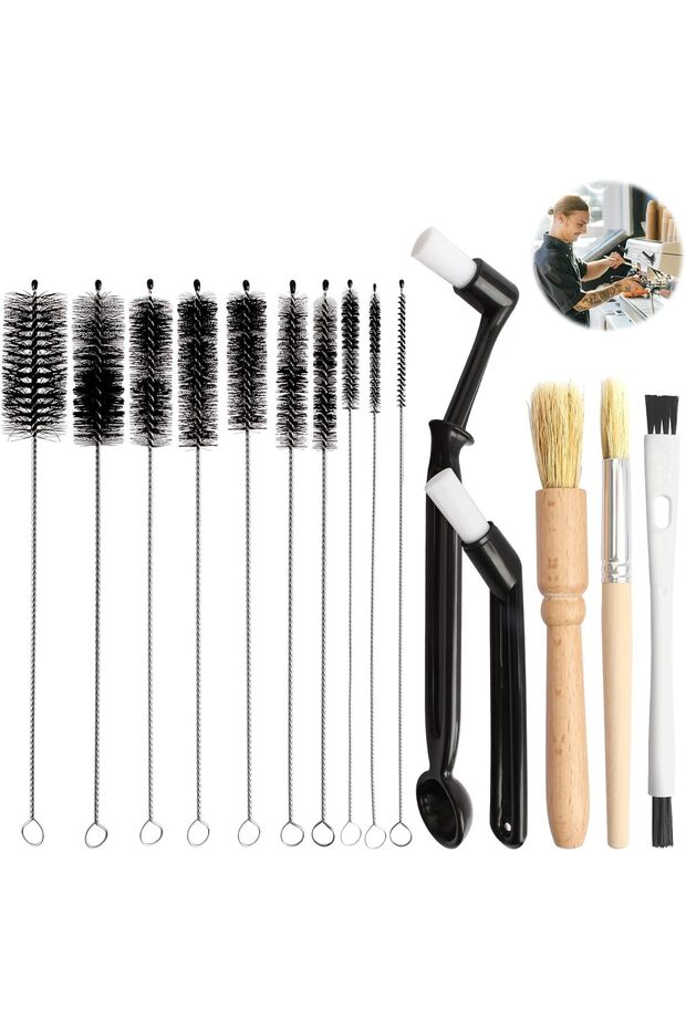 15-piece coffee cleaning brush set, bristle espresso machine brush, wooden grinder brush, fine-tube brush, for coffee machines, bottles, nozzles.