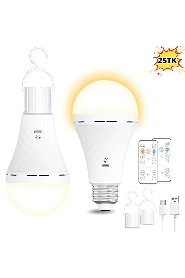 2-Piece LED Bulb Set with USB Charging, 2600mAh Capacity, Remote Control, Timer, E27 Bulb Holder, and Hook