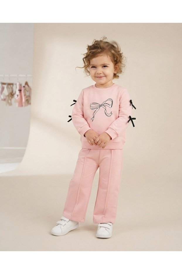 Girl's Bow Detailed Wide-Legged, Grass Stitched, 4-10 Years Old Seasonal 2-Strap Tracksuit Set, 2-Piece Set