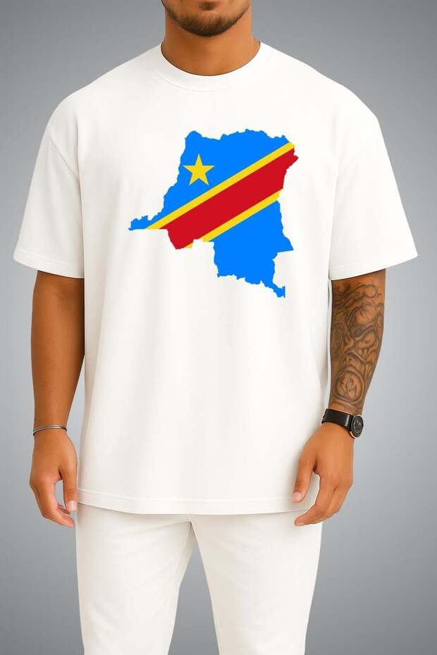 Oversize Democratic Republic of Congo Flag and Map Small Chest Printed Unisex T-Shirt