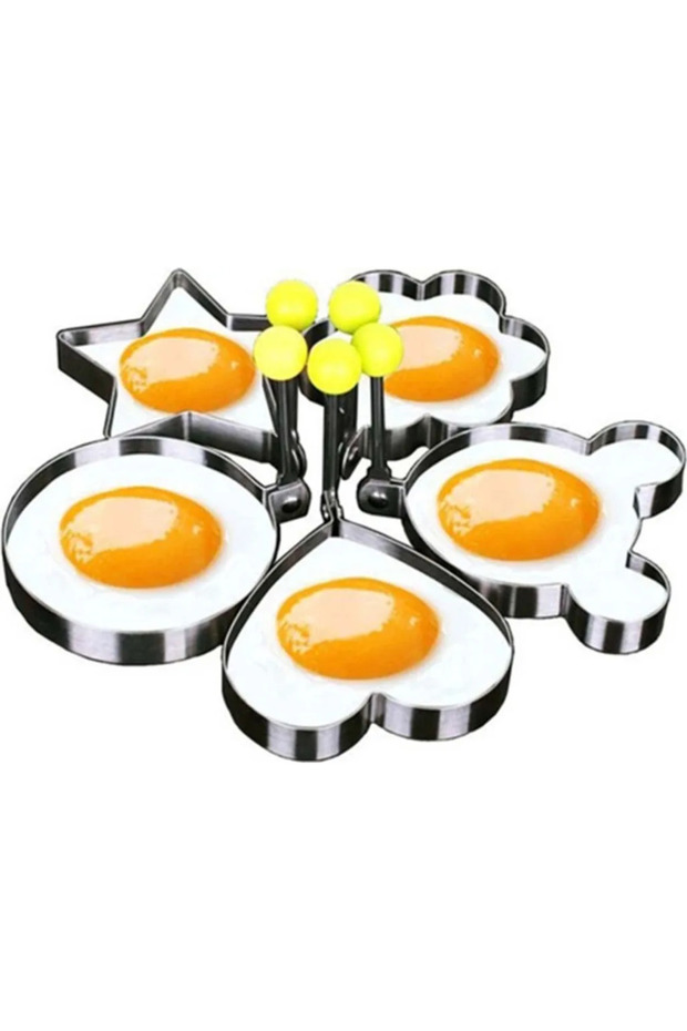 5-piece stainless steel egg mold set, including egg rings, fried egg rings, and pancake rings.