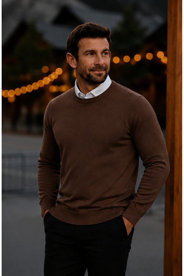 Men's Basic Winter Long Brown Sweater