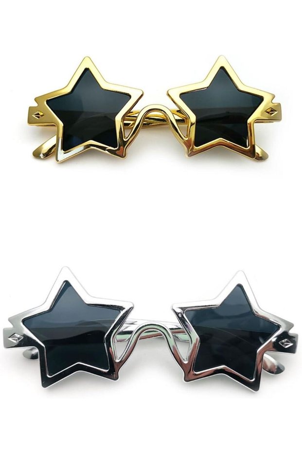 set of two star-shaped sunglasses—80s style, unbreakable, and full of fun—suitable for photo booths and party props.
