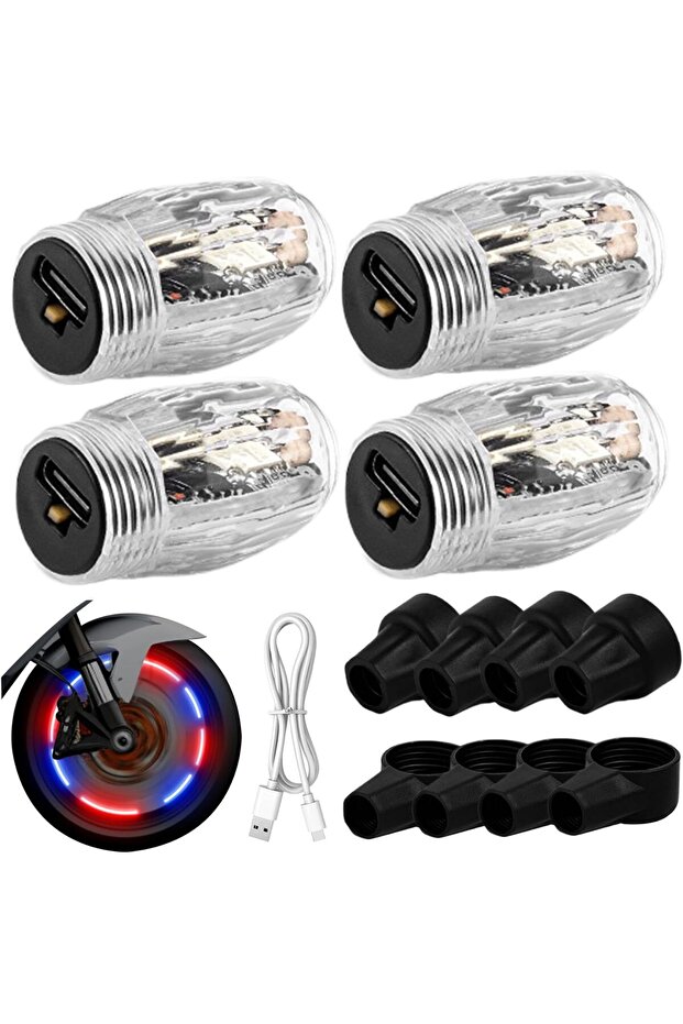 4-Piece Color LED Bicycle Wheel Valve Stem Cap Lights with Smart Rechargeable Turn Signals