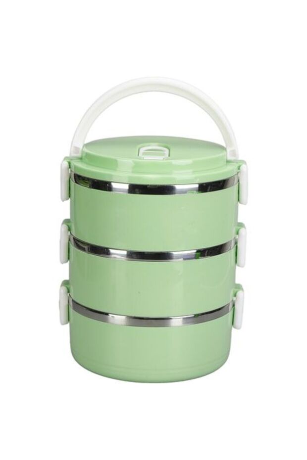 Portable three-layer insulated lunch box, made of 304 stainless steel, in Nordic green, suitable for schools, offices and outdoor activities.