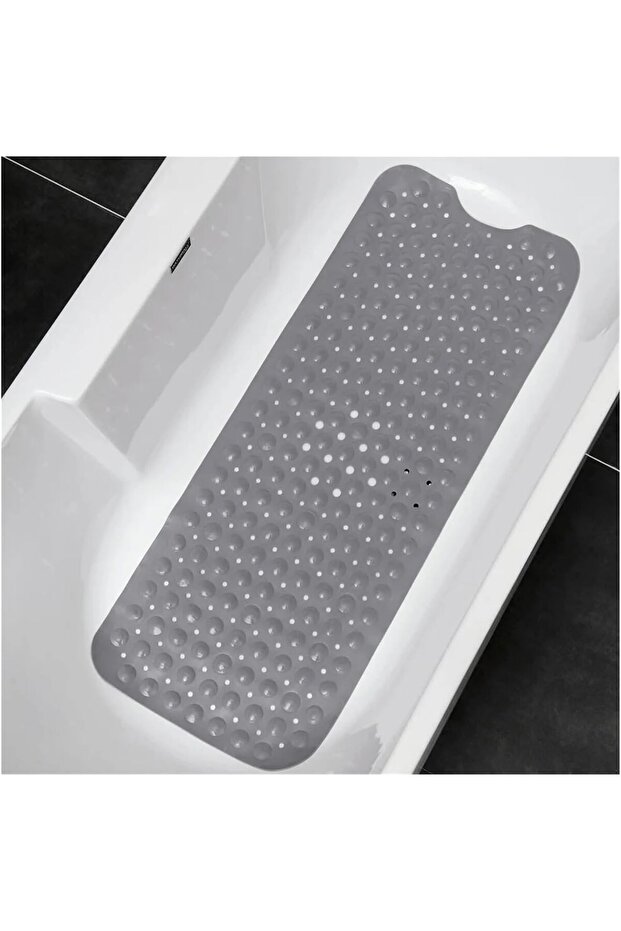 Non-Slip Bathroom Mat (100 x 40 cm) - Mildew Resistant, Soft & Machine Washable Shower Mat with Suction Cups & Drain Holes - Gray