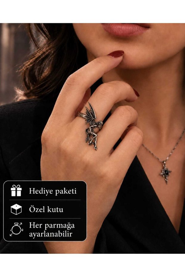 Adjustable Ancient Silver Color Women's Ring with Gothic Winged Fairy Figure