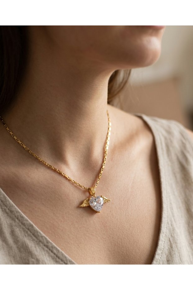 Stone Angel Winged Heart Necklace Valentine's Day Gift Zircon Stone Women's Pendant Chain Set