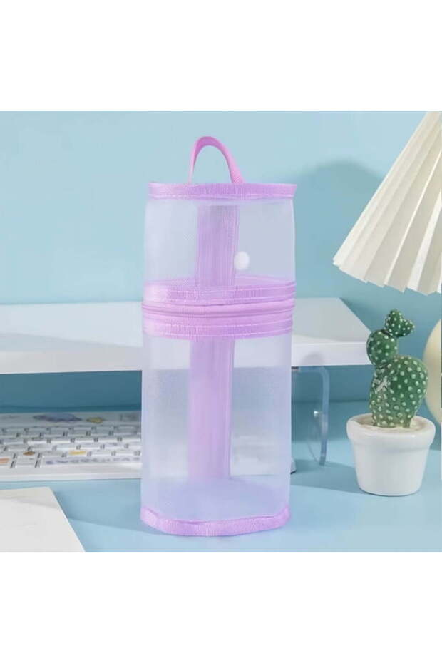 Pencil Case, Transparent Mesh, Cylindrical Vertical Design for Pencils, Markers, Art Supplies, Purple