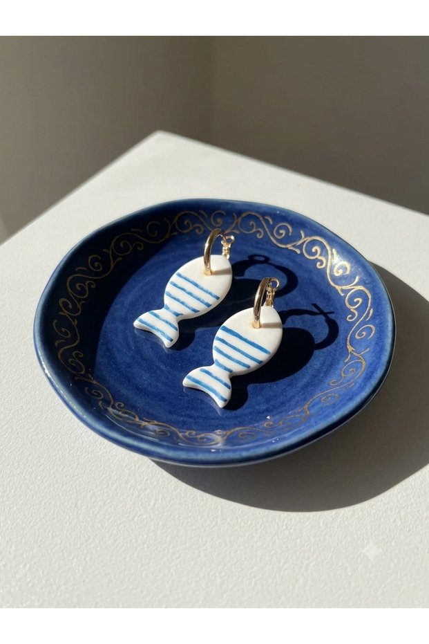 Ryba Fish Earrings – Handmade Polymer Clay Blue Striped Gold Hoop Earrings | Sea Themed Minimal Earrings
