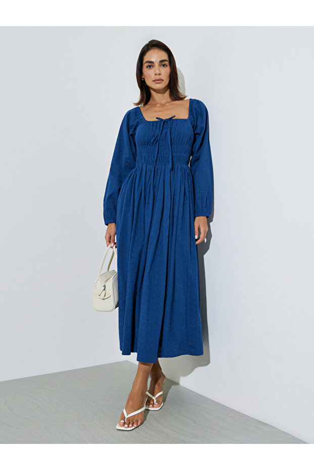Blue Cotton Embroidered Smocked Midi Dress