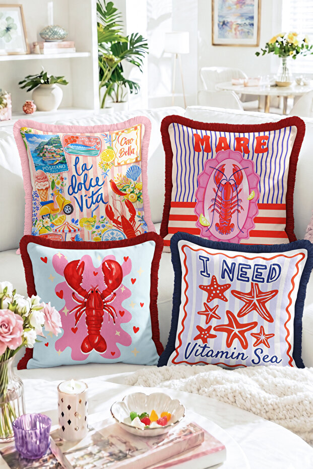 La Dolce Vita Written Lobster Mare and I Need Vitamin Sea Patterned 4-Piece Fringed-Tasseled Throw Pillow Cover