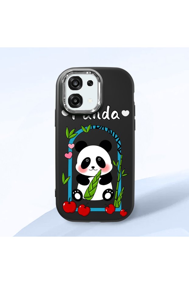 Oppo A6 Pro Compatible Case Camera Protector Black Silicone Couple Phone Case Panda Patterned