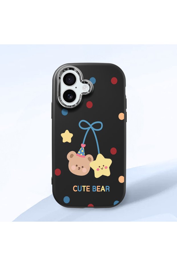 iPhone 16 Compatible Case with Camera Protection Black Silicone Couple Phone Case with Bear Pattern