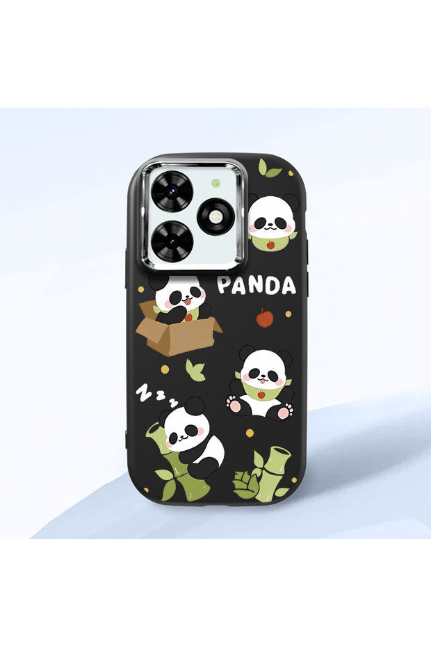 Infinix Hot 40I Compatible Case Camera Protector Black Silicone Couple Phone Case Panda Patterned