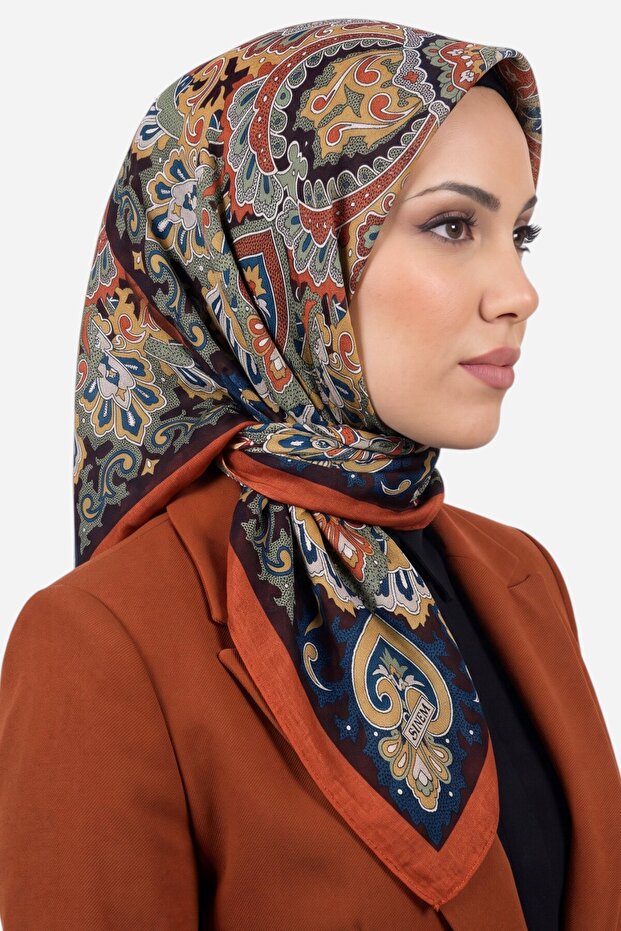 Women's Orange Authentic Shawl Patterned Stitched Writing Cotton Cheesecloth Scarf
