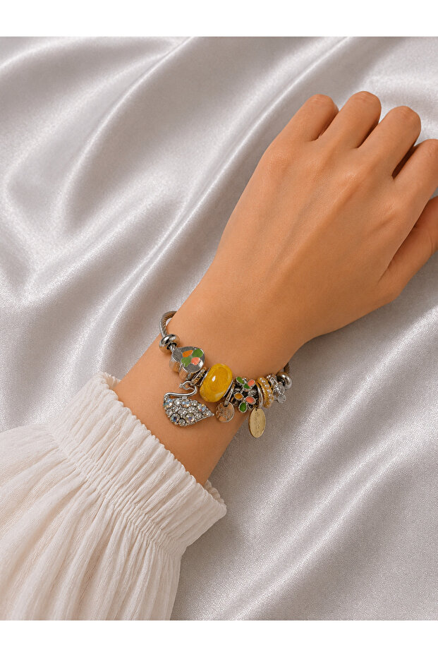 Charm Detailed Swan Figured Steel Bracelet