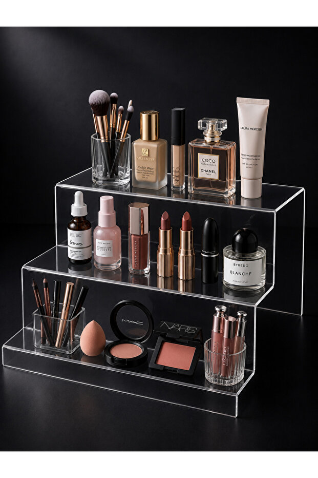 3-Tier Makeup Stand, Plexiglass Cosmetic Organizer, Lipstick Perfume and Jewelry Organizer 24X25X8Cm