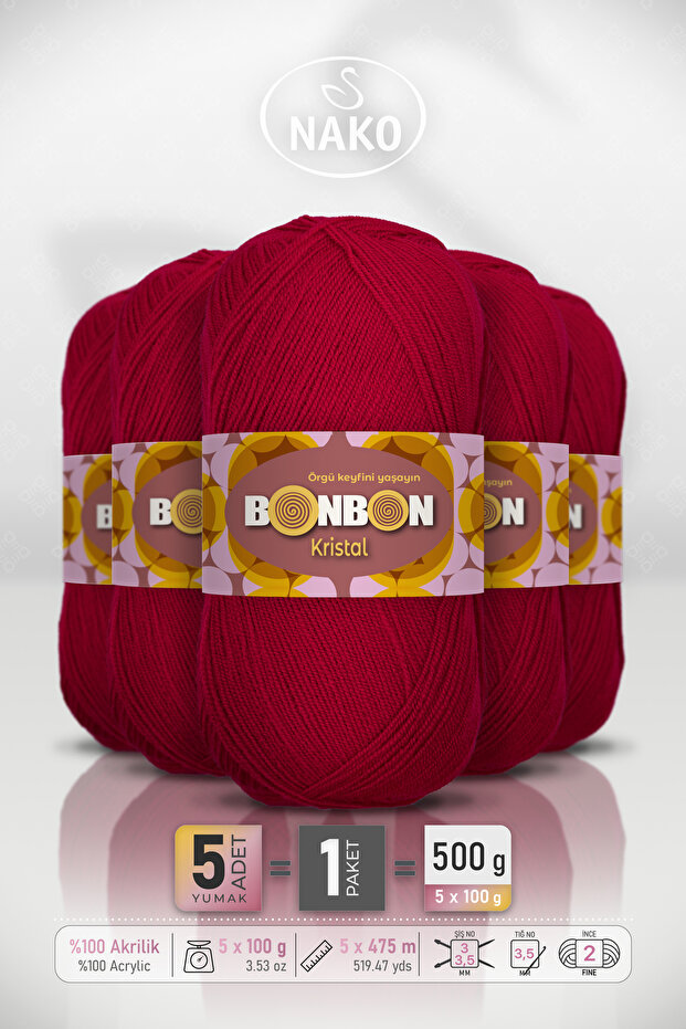 Crystal • Dark Red (98237) - 5-Pack X 100Gr/475M - Fine Yarn for Hand Knitting - Shawl Blouse Yarn
