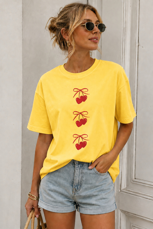 Cherry Printed Crew Neck Casual Unisex Oversize T-Shirt - Fruit-Themed Cotton T-Shirt