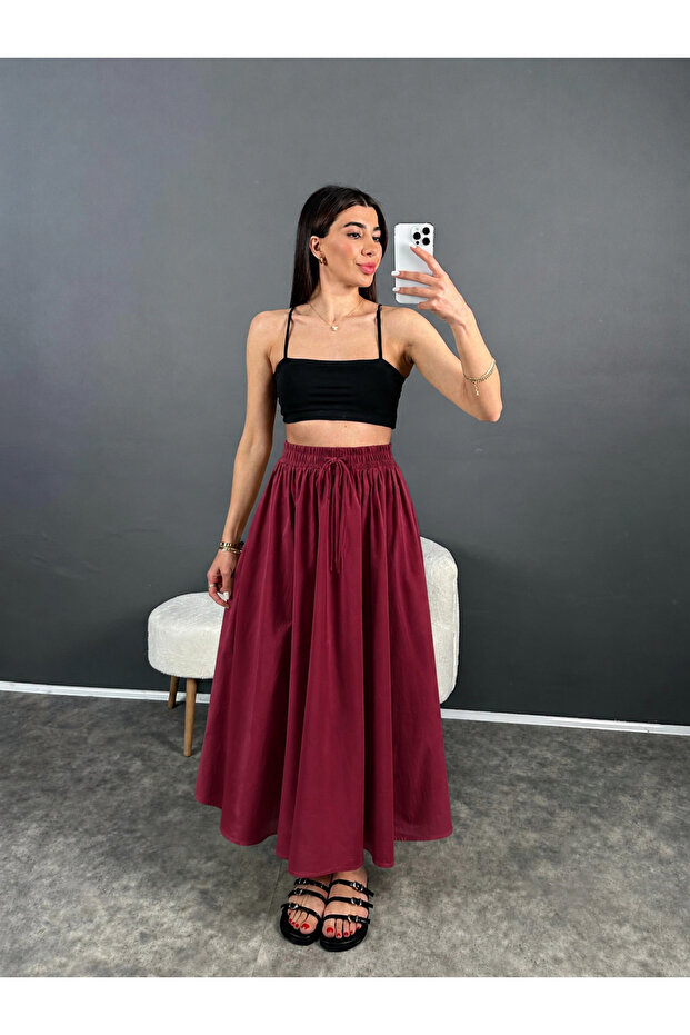 Burgundy Elastic Waist Poplin Skirt - E1012