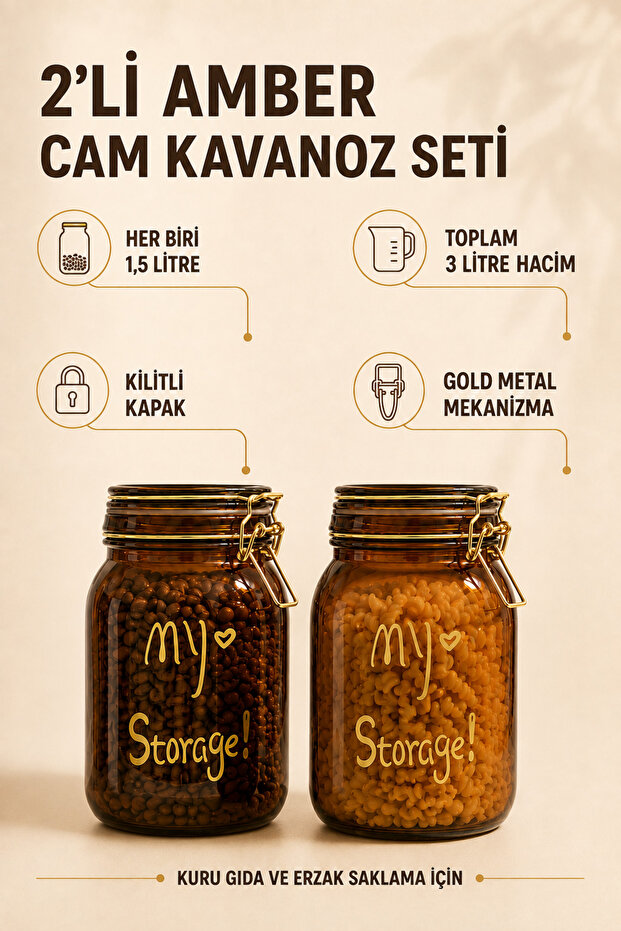 Set of 2 1.5 Liter Amber Glass Storage Jars with Locking Lids