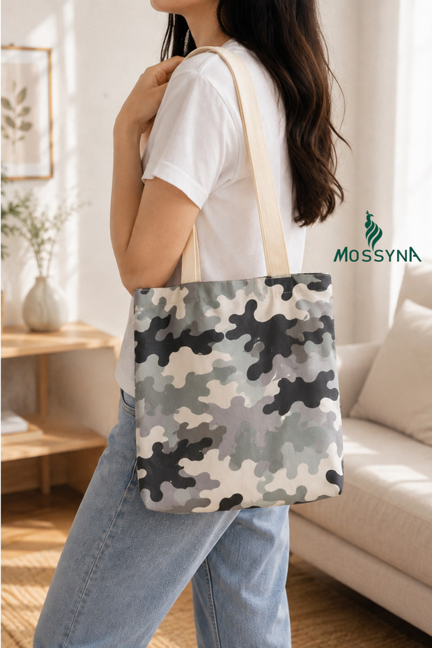 Eco-Friendly Cloth Bag | Zippered | 35X40 cm | Canvas Shoulder Bag | Paw Print & Military Camouflage Patterned | Multi-Purpose Tote Bag