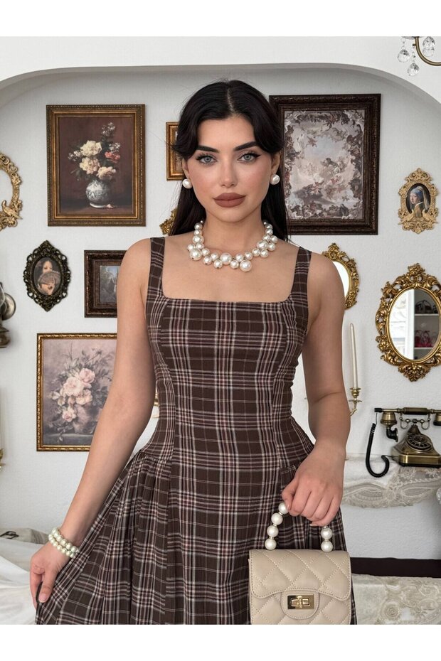 Women's Brown Plaid Strappy Square Neck Fitted Waist Midi Length Flared Dress