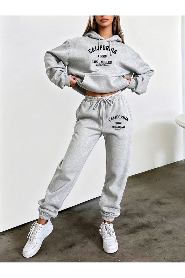 Unisex Men's and Women's California Printed Oversize 3 Thread Hooded Tracksuit Set