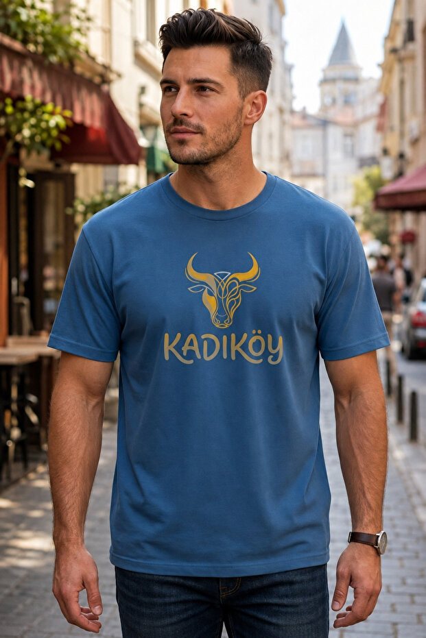 Indigo T-Shirt 100% Cotton Kadıköy Bull Printed Crew Neck Oversize