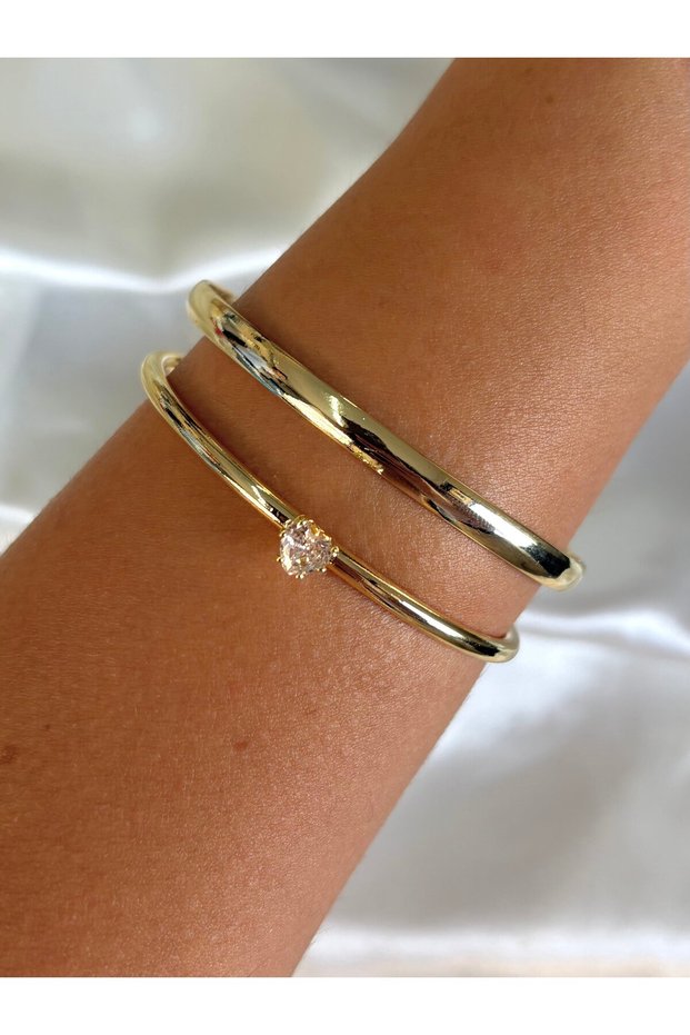 Women's Gold Color Stone Heart Detailed 2-Piece Bracelet Set