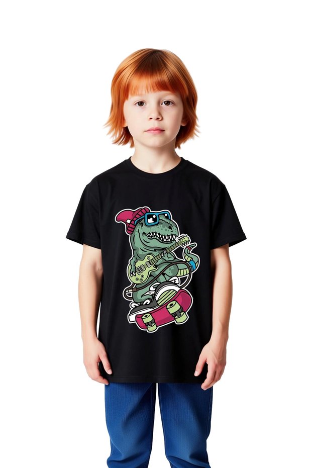 Children's T-Shirt Music Themed Dinosaur Print with Guitar Playing Character Relaxed Fit Casual Modern Stylish Elegant
