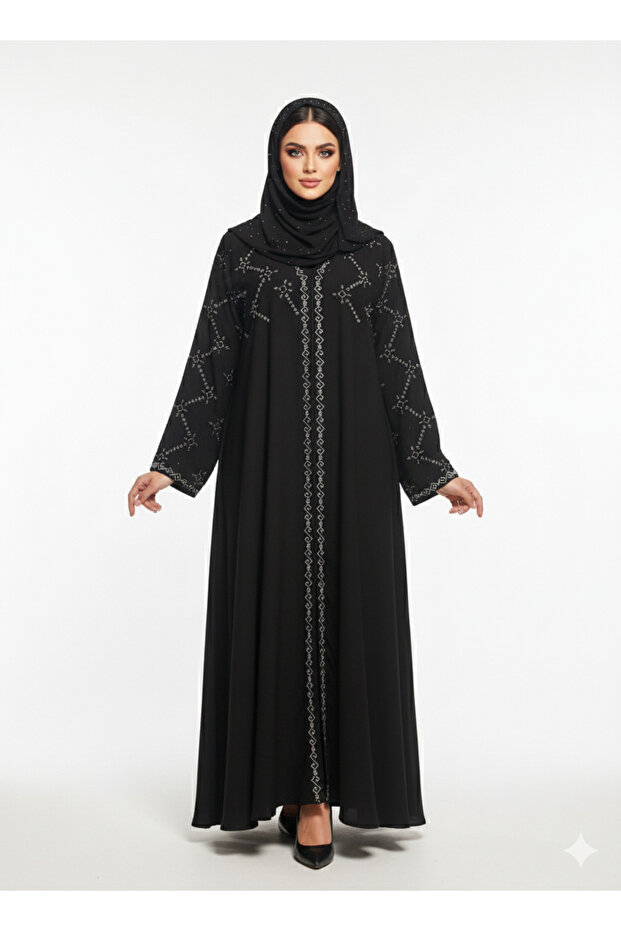 Black Abaya | Bold Crystal Geometric Silver Embellishment | Rizqé Silhouette Modest Dress