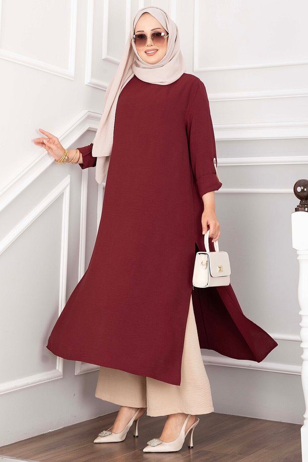 Slit Detailed Long Tunic Trousers Set Burgundy