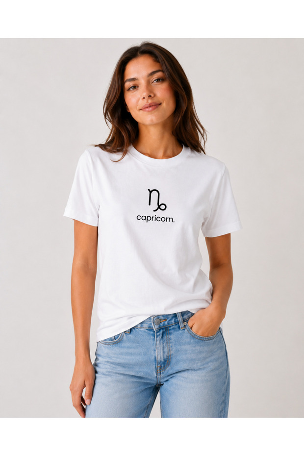 Capricorn Zodiac Sign T-Shirt Capricorn Symbol Printed White Short Sleeve T-Shirt
