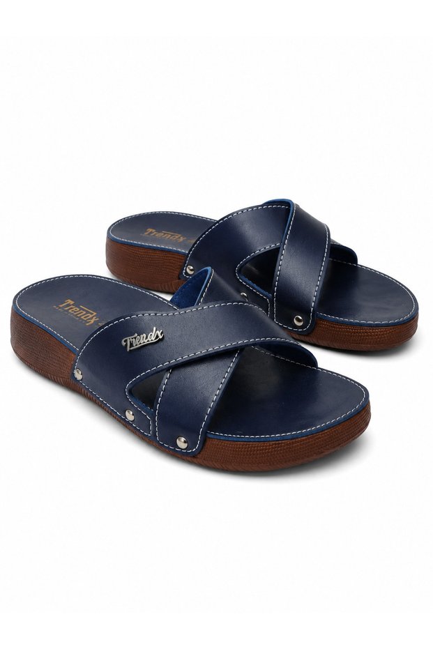 Women's Navy Blue Cross-Strapped Thick Sole Daily Comfortable Summer Slippers