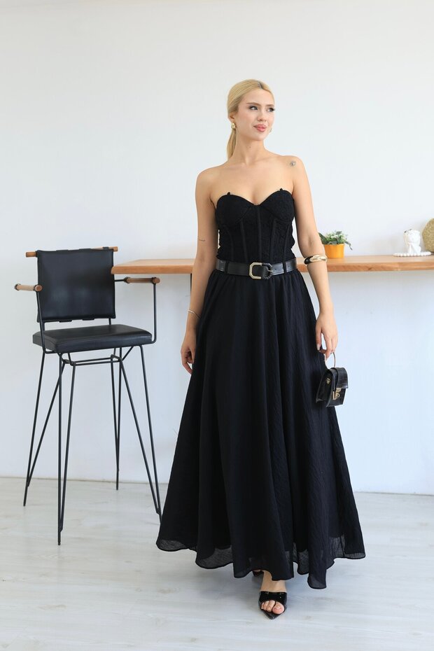 Belted Elastic Waist Flared Skirt Black