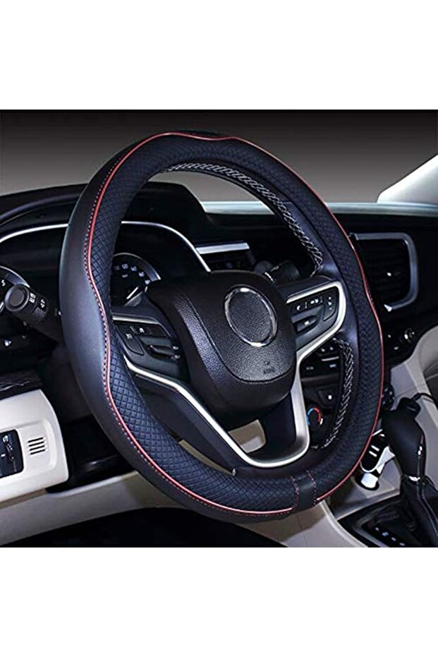 Microfiber Leather Car Medium Steering Wheel Cover (14.5''-15'',Black Dark Blue)