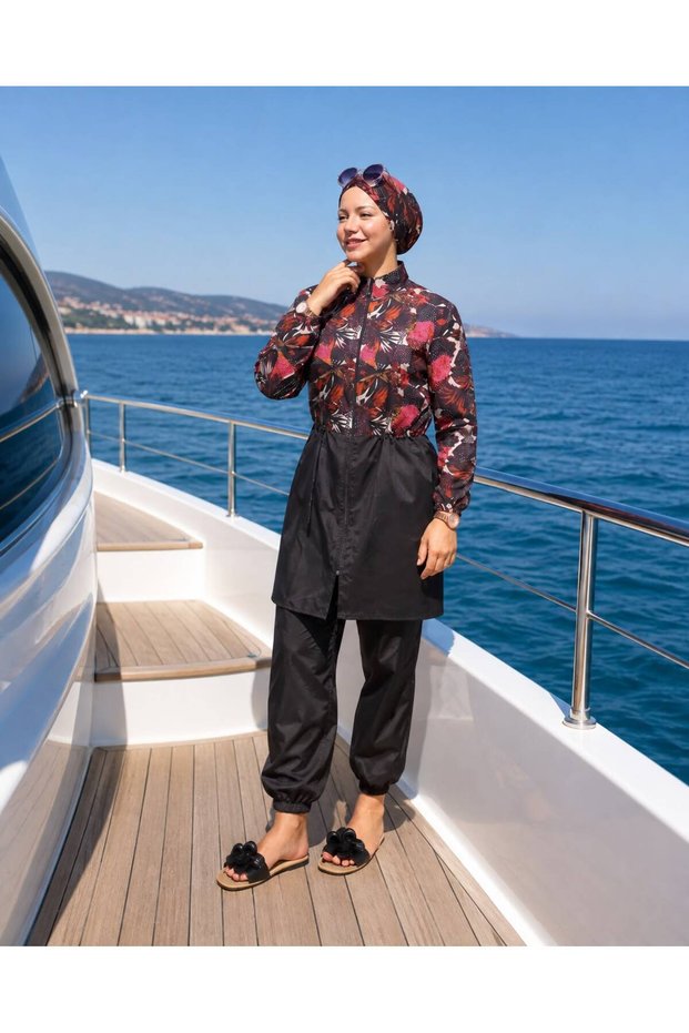 Zippered, Digitally Printed, Lace-Up Waist Hijab Swimsuit with a Hat as a Gift - Lila