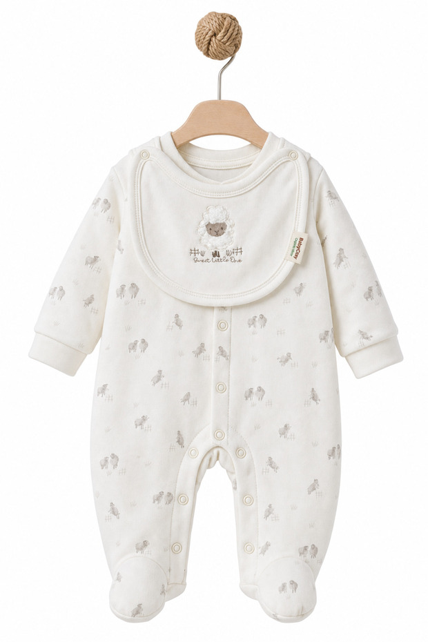 100% Organic Cotton, Unisex Booties, Romper and Scarf Set, Lamb Patterned Newborn Baby Romper