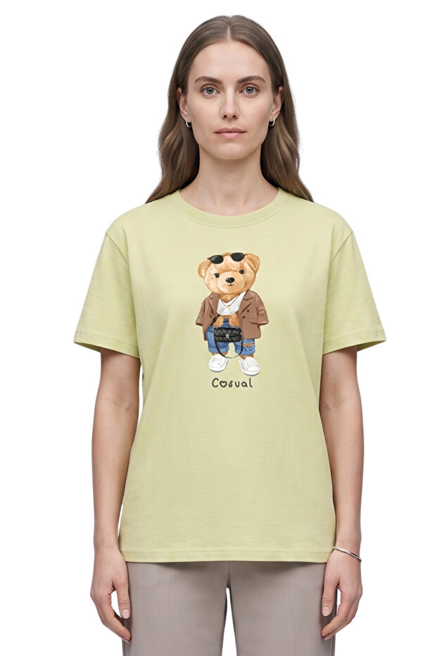 Women's Yellow Jacketed Teddy Bear Printed 100% Cotton Comfortable Fit T-Shirt