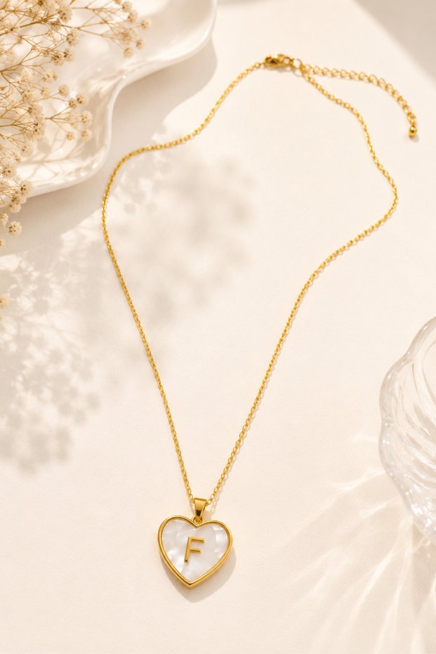Letter F Heart Necklace Gold Color Tarnish Resistant Steel