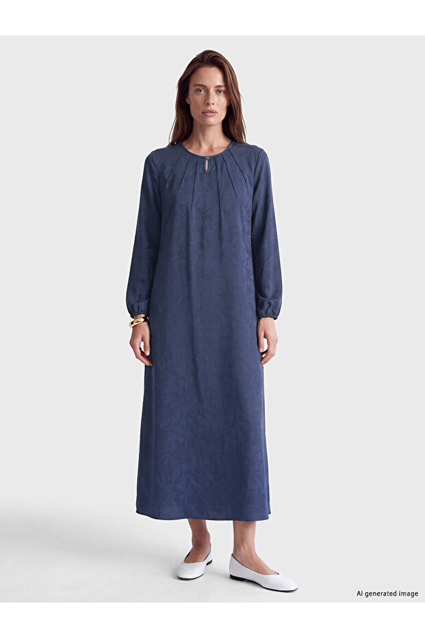 Two Mt Shop Quality Lcw Grace Indigo Patterned Standard & Regular Oval Neck Long Dress