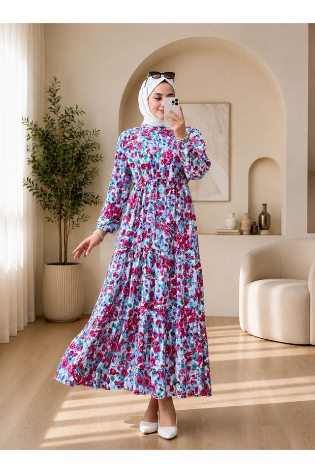 Haki̇m Collar Half Buttoned Waist Tie Fastened Crinkle Patterned Viscose Dress