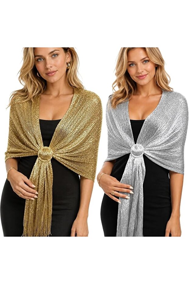 4-Piece Shawls and Wraps for Evening Dresses, Gold and Silver Fringe Scarf Set with Buckles, Metalli