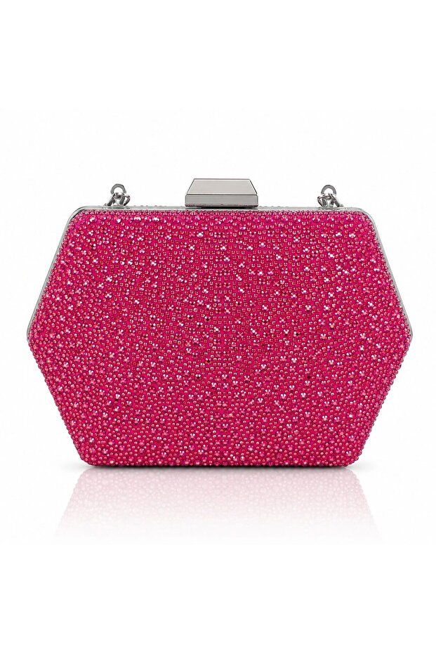 Women's Fuchsia Crystal Full Stone Hexagonal Evening Dress Bag Boxed Night Portfolio