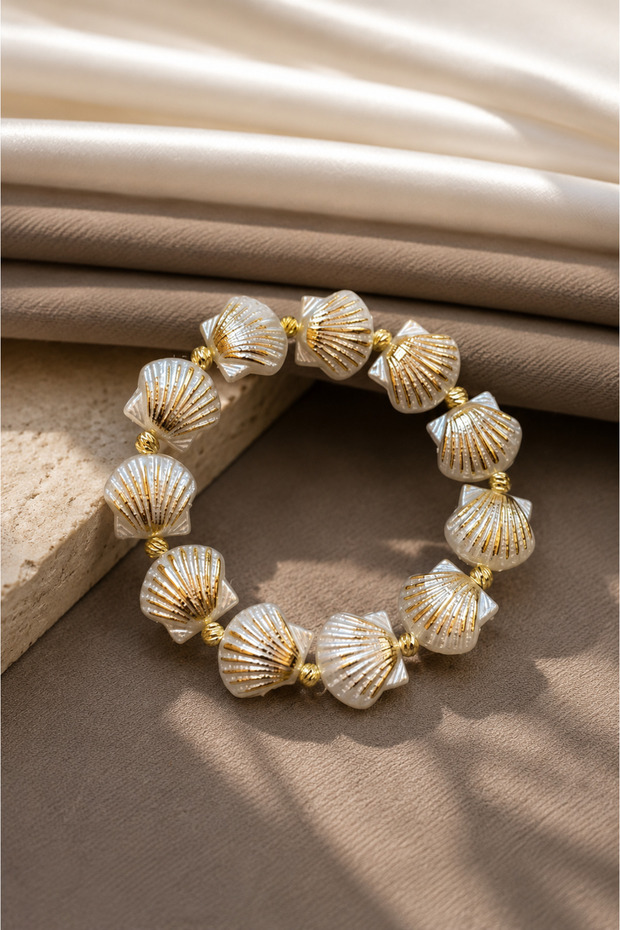 Seashell Figured Bracelet | Gold Color Detailed Elastic Bracelet