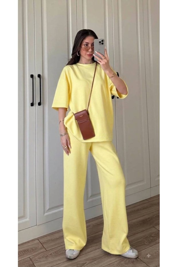 Women's Yellow Oversize T-Shirt Elastic High Waist Sweatpants Modal Set